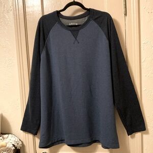 Orvis Men’s Shirt XXL Blue & Navy Blue Raglan Long Sleeve Crew Tee Stretch